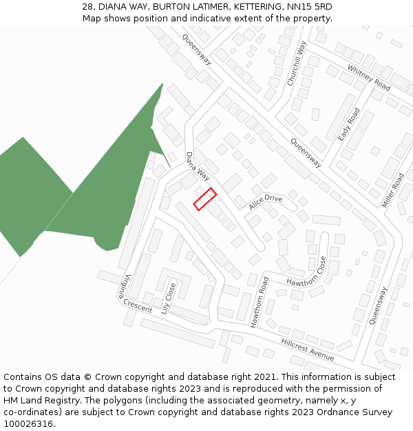 28, DIANA WAY, BURTON LATIMER, KETTERING, NN15 5RD: Location map and indicative extent of plot