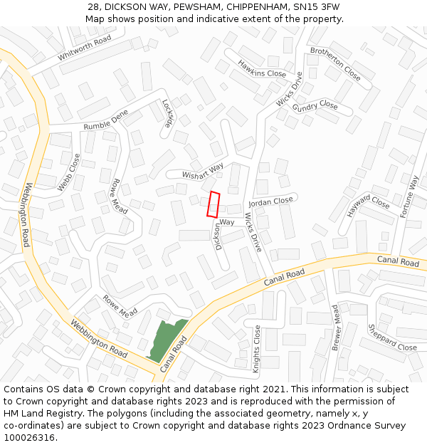 28, DICKSON WAY, PEWSHAM, CHIPPENHAM, SN15 3FW: Location map and indicative extent of plot