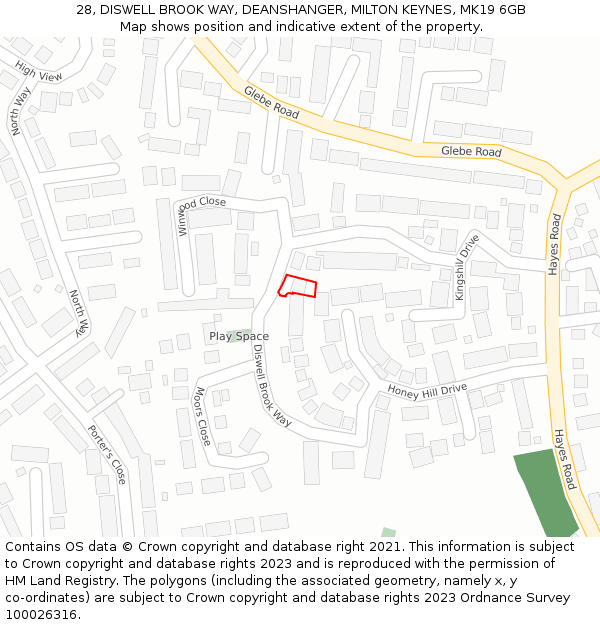 28, DISWELL BROOK WAY, DEANSHANGER, MILTON KEYNES, MK19 6GB: Location map and indicative extent of plot