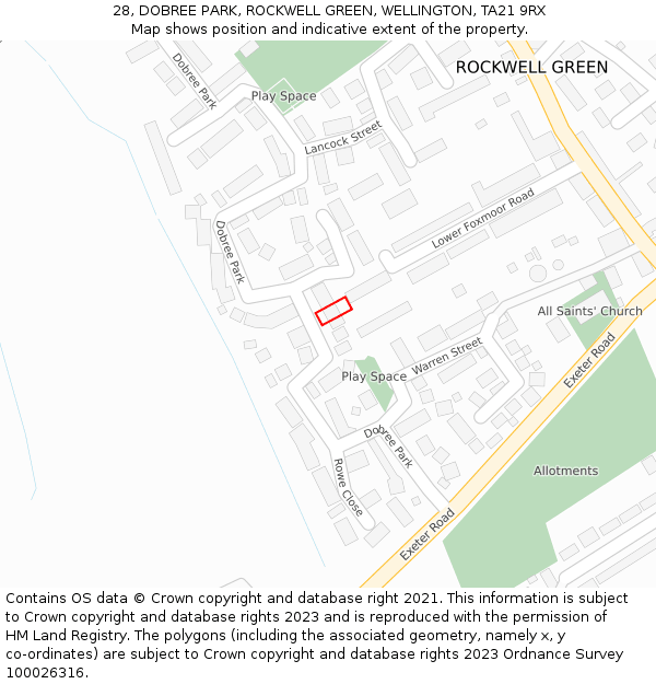 28, DOBREE PARK, ROCKWELL GREEN, WELLINGTON, TA21 9RX: Location map and indicative extent of plot