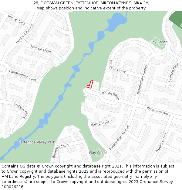 28, DODMAN GREEN, TATTENHOE, MILTON KEYNES, MK4 3AJ: Location map and indicative extent of plot