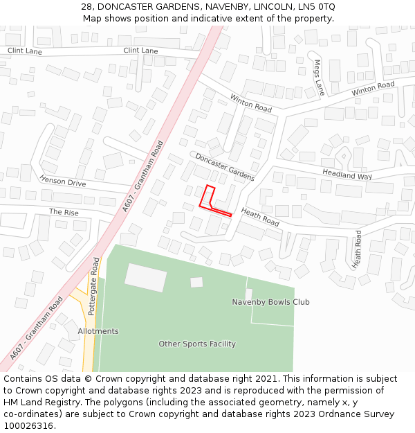 28, DONCASTER GARDENS, NAVENBY, LINCOLN, LN5 0TQ: Location map and indicative extent of plot