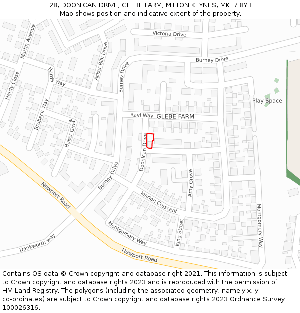 28, DOONICAN DRIVE, GLEBE FARM, MILTON KEYNES, MK17 8YB: Location map and indicative extent of plot