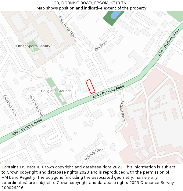 28, DORKING ROAD, EPSOM, KT18 7NH: Location map and indicative extent of plot