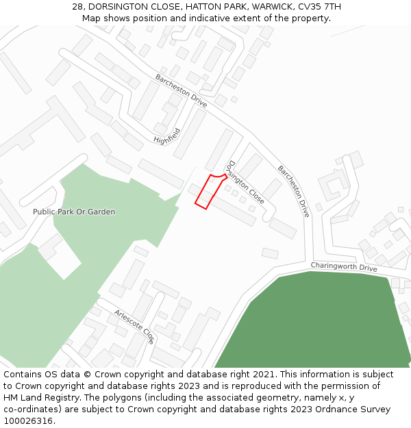 28, DORSINGTON CLOSE, HATTON PARK, WARWICK, CV35 7TH: Location map and indicative extent of plot