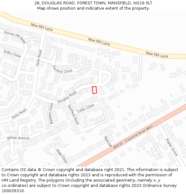 28, DOUGLAS ROAD, FOREST TOWN, MANSFIELD, NG19 0LT: Location map and indicative extent of plot