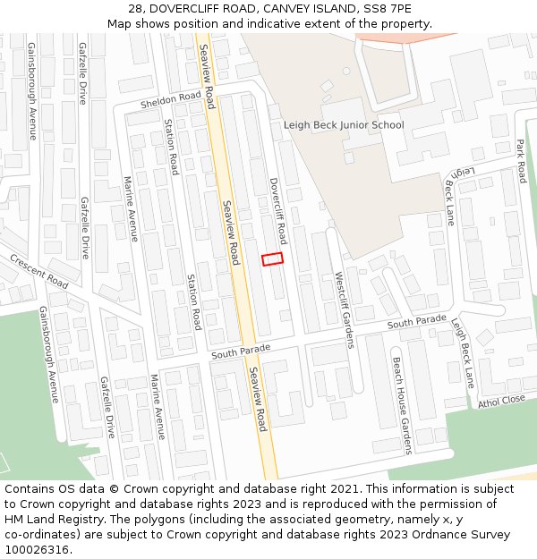 28, DOVERCLIFF ROAD, CANVEY ISLAND, SS8 7PE: Location map and indicative extent of plot