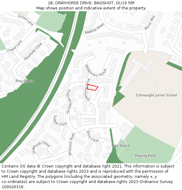 28, DRAYHORSE DRIVE, BAGSHOT, GU19 5RF: Location map and indicative extent of plot