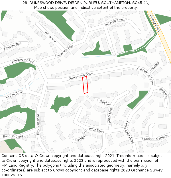 28, DUKESWOOD DRIVE, DIBDEN PURLIEU, SOUTHAMPTON, SO45 4NJ: Location map and indicative extent of plot