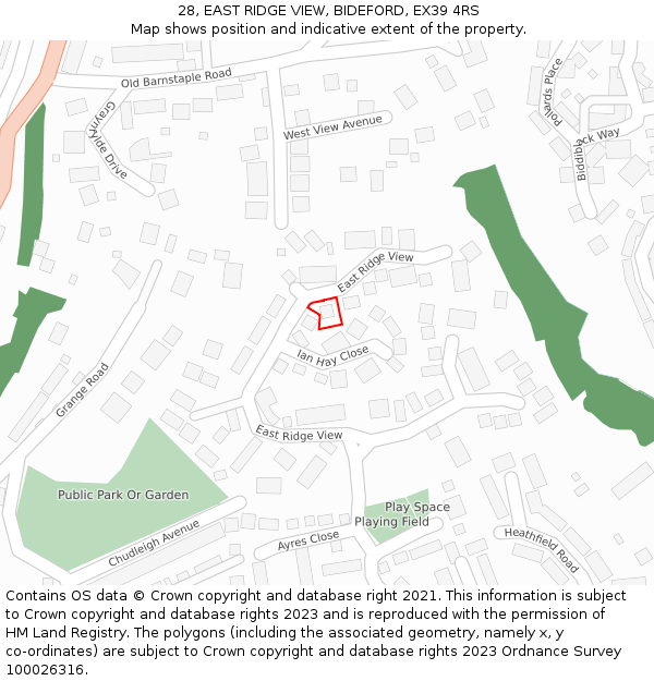 28, EAST RIDGE VIEW, BIDEFORD, EX39 4RS: Location map and indicative extent of plot