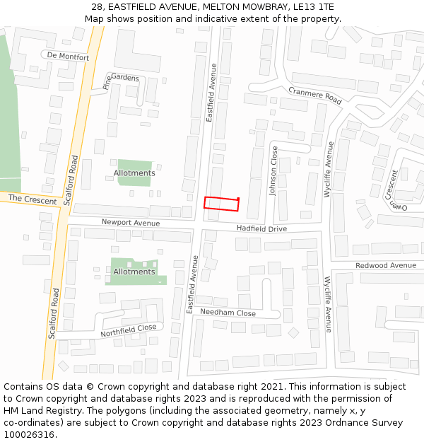 28, EASTFIELD AVENUE, MELTON MOWBRAY, LE13 1TE: Location map and indicative extent of plot