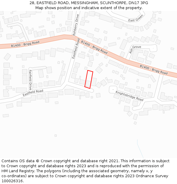 28, EASTFIELD ROAD, MESSINGHAM, SCUNTHORPE, DN17 3PG: Location map and indicative extent of plot