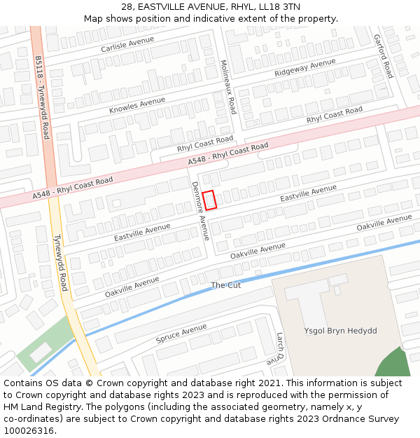 28, EASTVILLE AVENUE, RHYL, LL18 3TN: Location map and indicative extent of plot