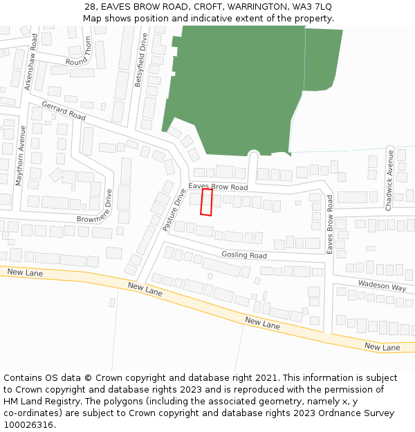28, EAVES BROW ROAD, CROFT, WARRINGTON, WA3 7LQ: Location map and indicative extent of plot