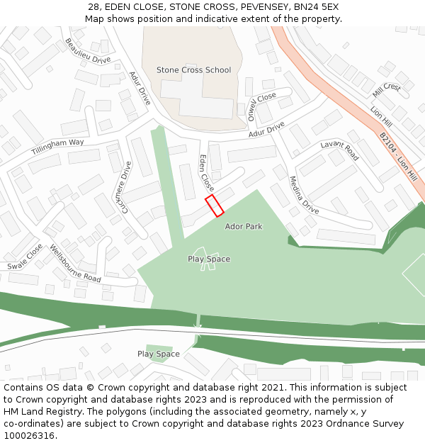 28, EDEN CLOSE, STONE CROSS, PEVENSEY, BN24 5EX: Location map and indicative extent of plot