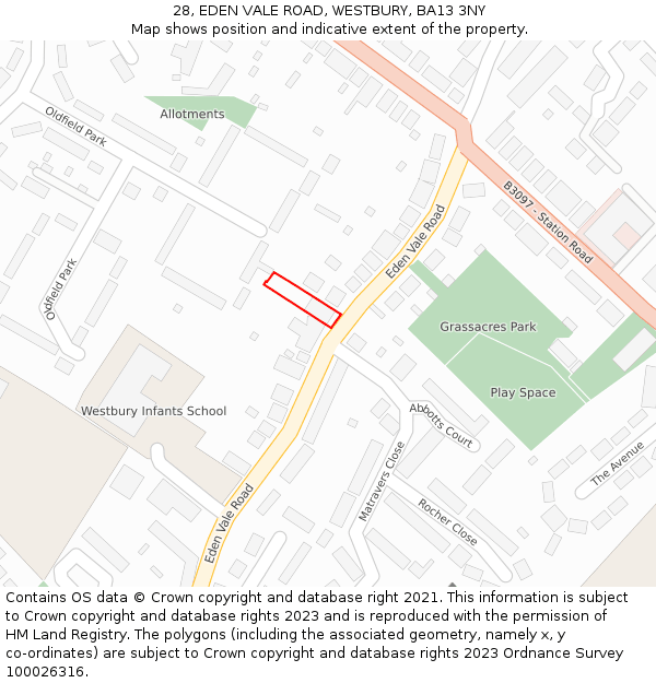 28, EDEN VALE ROAD, WESTBURY, BA13 3NY: Location map and indicative extent of plot