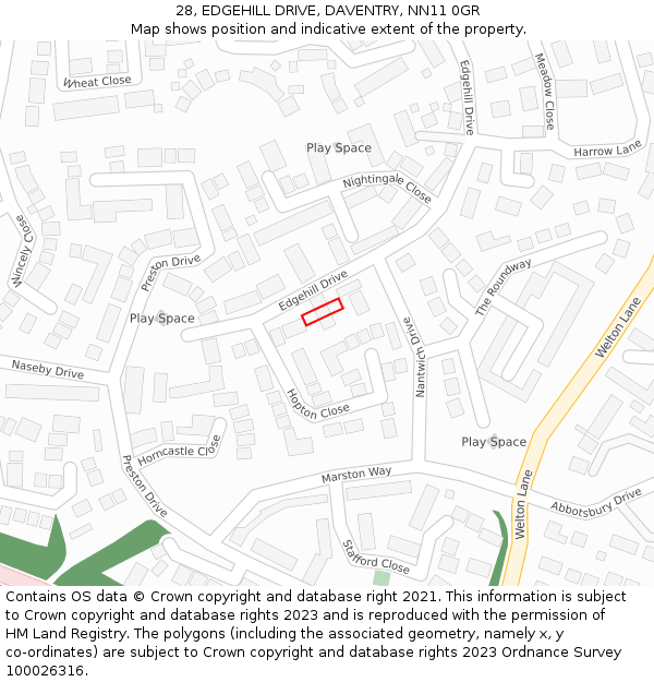28, EDGEHILL DRIVE, DAVENTRY, NN11 0GR: Location map and indicative extent of plot