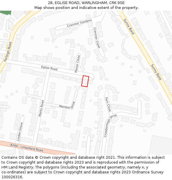 28, EGLISE ROAD, WARLINGHAM, CR6 9SE: Location map and indicative extent of plot