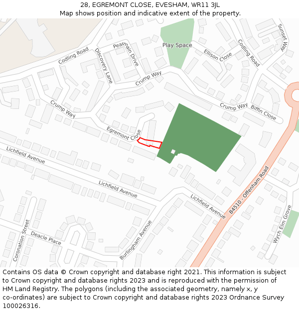 28, EGREMONT CLOSE, EVESHAM, WR11 3JL: Location map and indicative extent of plot