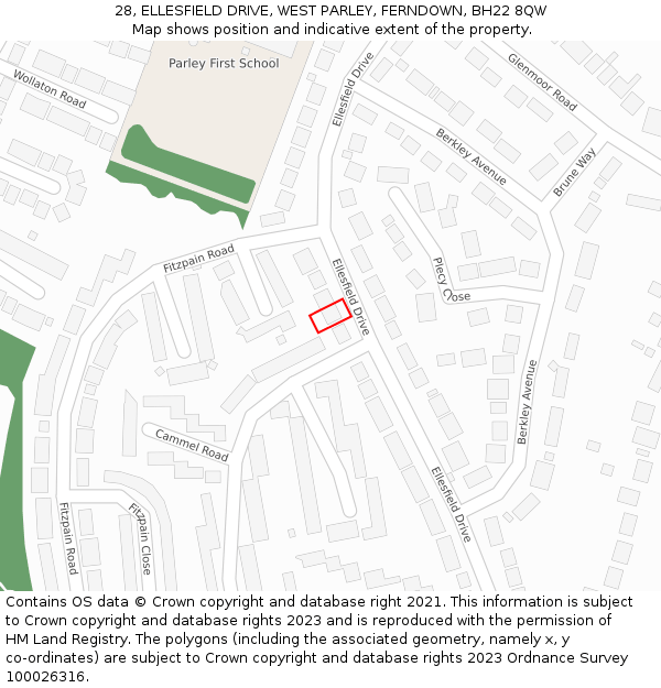 28, ELLESFIELD DRIVE, WEST PARLEY, FERNDOWN, BH22 8QW: Location map and indicative extent of plot