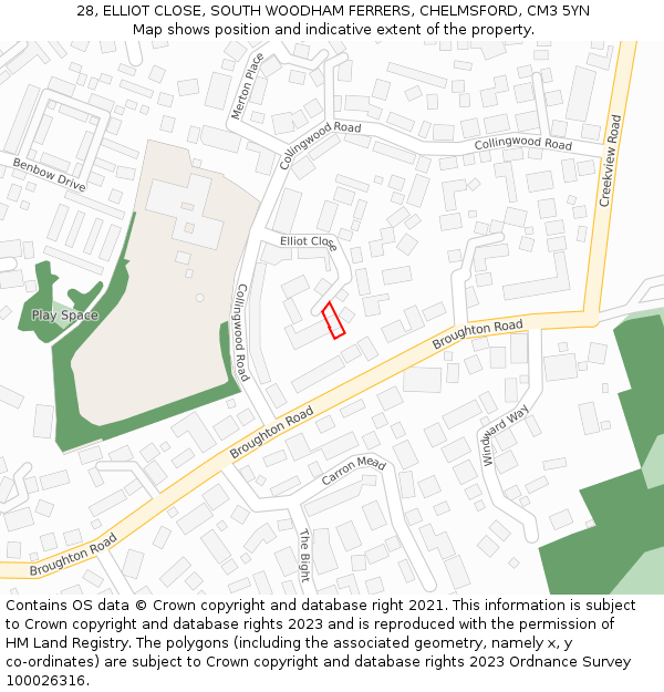 28, ELLIOT CLOSE, SOUTH WOODHAM FERRERS, CHELMSFORD, CM3 5YN: Location map and indicative extent of plot