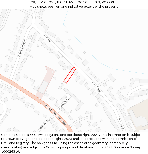 28, ELM GROVE, BARNHAM, BOGNOR REGIS, PO22 0HL: Location map and indicative extent of plot