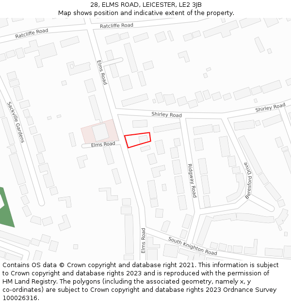 28, ELMS ROAD, LEICESTER, LE2 3JB: Location map and indicative extent of plot