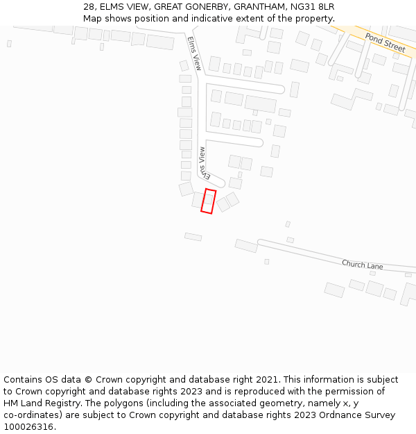 28, ELMS VIEW, GREAT GONERBY, GRANTHAM, NG31 8LR: Location map and indicative extent of plot
