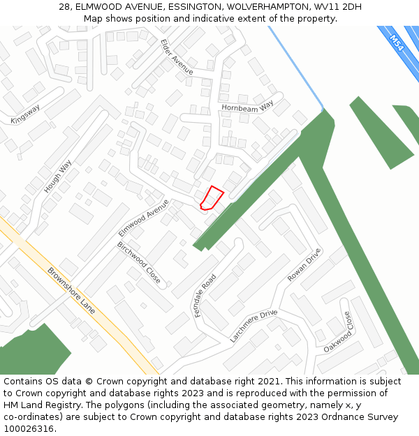 28, ELMWOOD AVENUE, ESSINGTON, WOLVERHAMPTON, WV11 2DH: Location map and indicative extent of plot