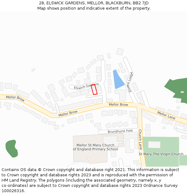 28, ELSWICK GARDENS, MELLOR, BLACKBURN, BB2 7JD: Location map and indicative extent of plot