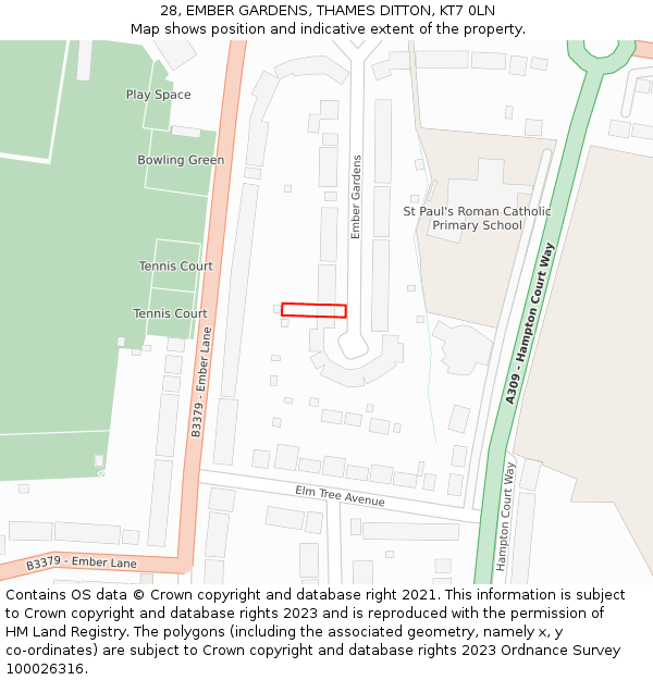 28, EMBER GARDENS, THAMES DITTON, KT7 0LN: Location map and indicative extent of plot