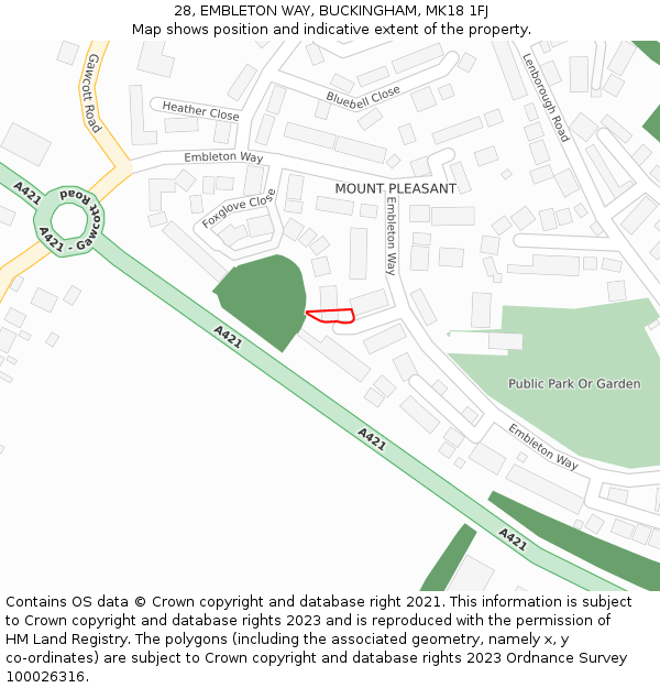 28, EMBLETON WAY, BUCKINGHAM, MK18 1FJ: Location map and indicative extent of plot