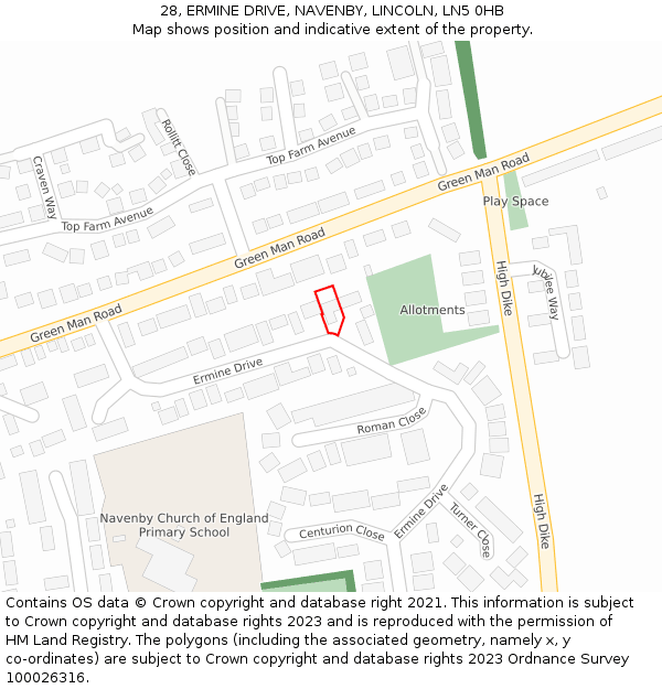 28, ERMINE DRIVE, NAVENBY, LINCOLN, LN5 0HB: Location map and indicative extent of plot