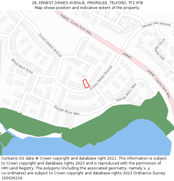 28, ERNEST DAWES AVENUE, PRIORSLEE, TELFORD, TF2 9TB: Location map and indicative extent of plot