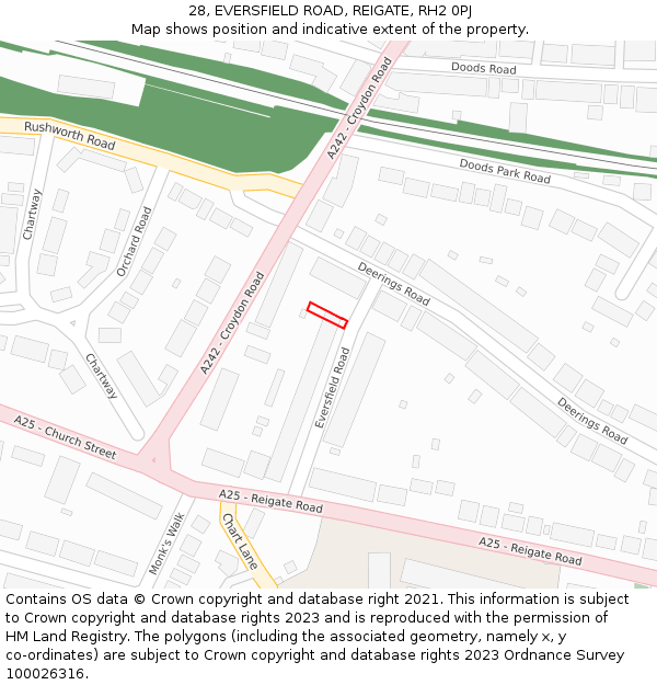 28, EVERSFIELD ROAD, REIGATE, RH2 0PJ: Location map and indicative extent of plot