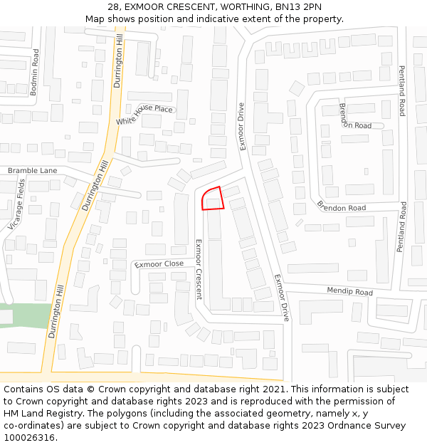 28, EXMOOR CRESCENT, WORTHING, BN13 2PN: Location map and indicative extent of plot