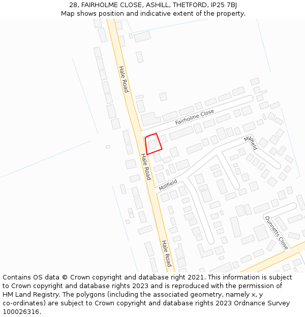 28, FAIRHOLME CLOSE, ASHILL, THETFORD, IP25 7BJ: Location map and indicative extent of plot