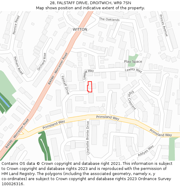 28, FALSTAFF DRIVE, DROITWICH, WR9 7SN: Location map and indicative extent of plot