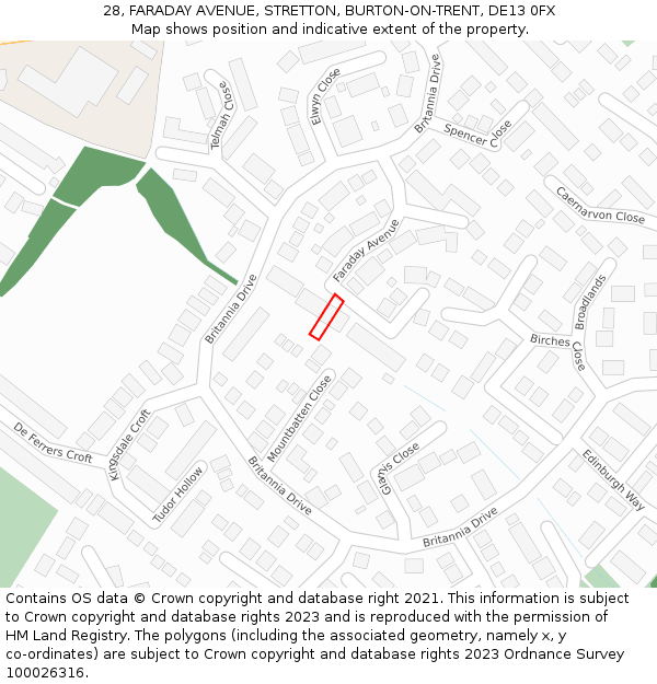 28, FARADAY AVENUE, STRETTON, BURTON-ON-TRENT, DE13 0FX: Location map and indicative extent of plot