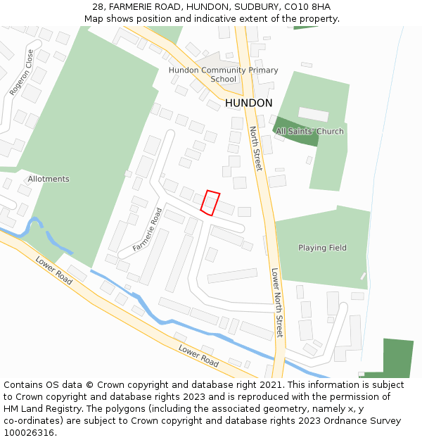 28, FARMERIE ROAD, HUNDON, SUDBURY, CO10 8HA: Location map and indicative extent of plot