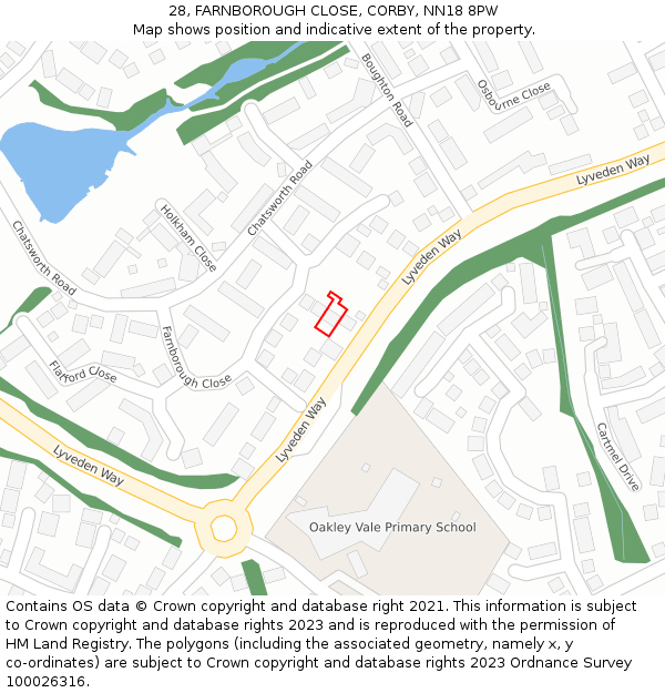 28, FARNBOROUGH CLOSE, CORBY, NN18 8PW: Location map and indicative extent of plot