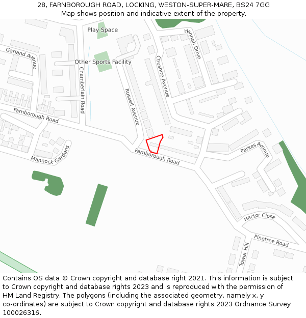 28, FARNBOROUGH ROAD, LOCKING, WESTON-SUPER-MARE, BS24 7GG: Location map and indicative extent of plot