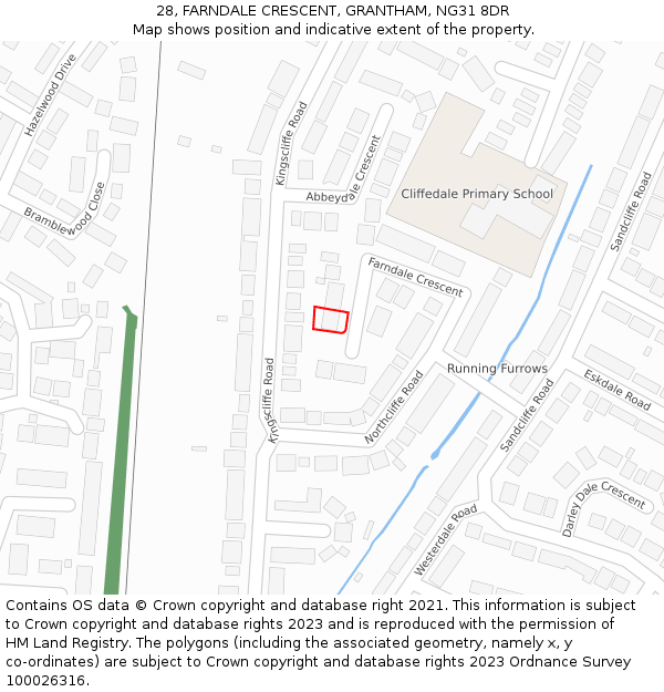 28, FARNDALE CRESCENT, GRANTHAM, NG31 8DR: Location map and indicative extent of plot