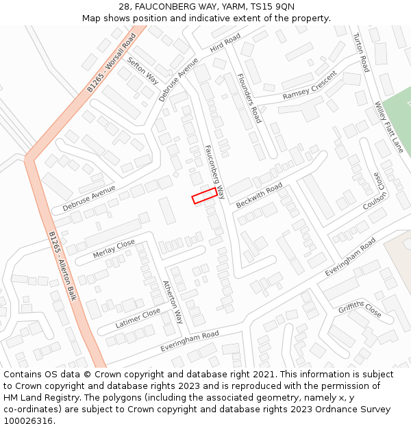 28, FAUCONBERG WAY, YARM, TS15 9QN: Location map and indicative extent of plot
