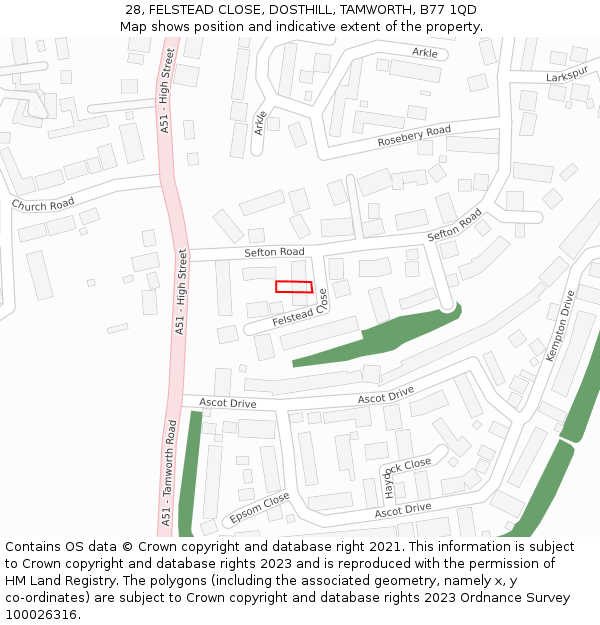 28, FELSTEAD CLOSE, DOSTHILL, TAMWORTH, B77 1QD: Location map and indicative extent of plot