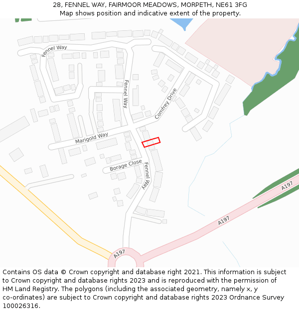 28, FENNEL WAY, FAIRMOOR MEADOWS, MORPETH, NE61 3FG: Location map and indicative extent of plot