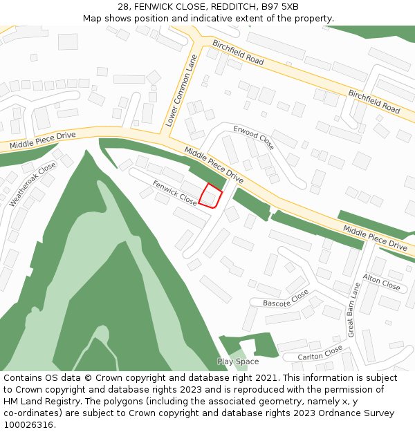 28, FENWICK CLOSE, REDDITCH, B97 5XB: Location map and indicative extent of plot