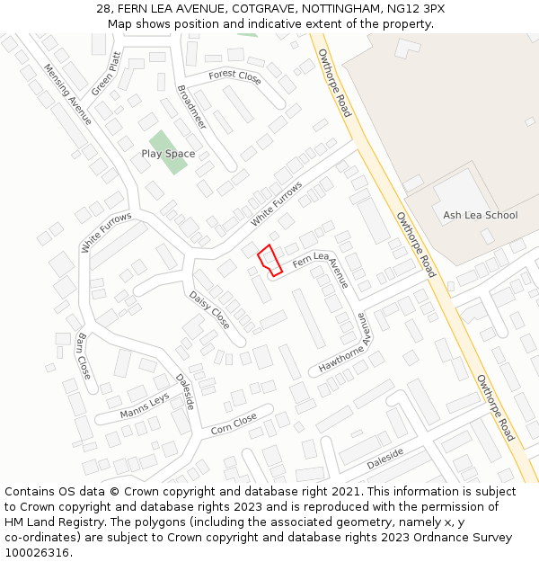 28, FERN LEA AVENUE, COTGRAVE, NOTTINGHAM, NG12 3PX: Location map and indicative extent of plot