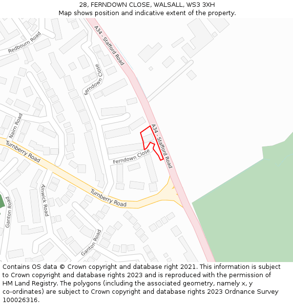 28, FERNDOWN CLOSE, WALSALL, WS3 3XH: Location map and indicative extent of plot