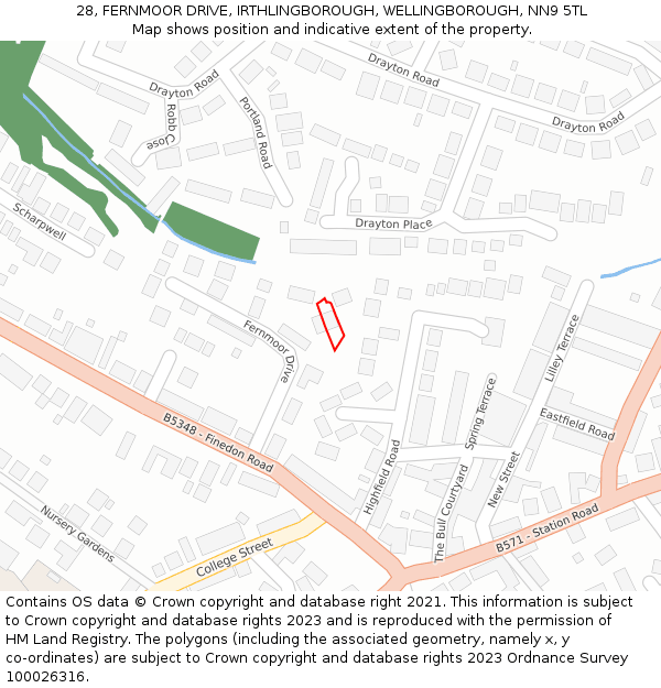 28, FERNMOOR DRIVE, IRTHLINGBOROUGH, WELLINGBOROUGH, NN9 5TL: Location map and indicative extent of plot